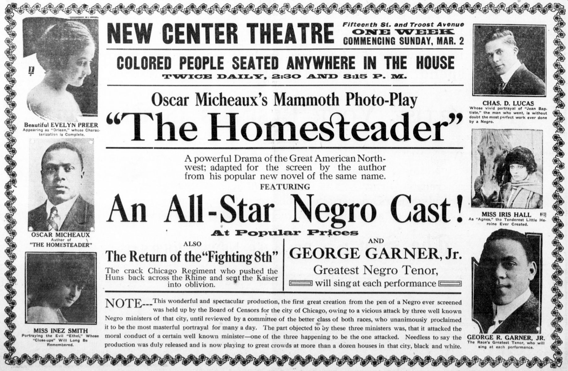 Promotional poster for the film, "The Homesteader" by Oscar Micheaux.