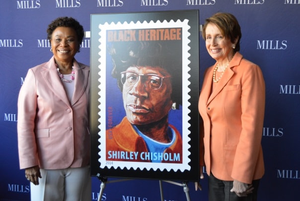 Congresswomen of California, Barabara Lee (r) and Nancy Pelosi of (l), pay tribute to the life, legacy, and leadership of Shirley Chisholm – the first African American women elected to Congress - at the 2014 unveiling of the U.S. Postal Service’s Forever stamp of Shirley Chisholm